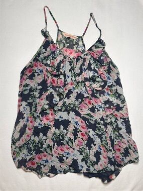 Rebecca Taylor Navy Pink Floral Ruffle Camisole